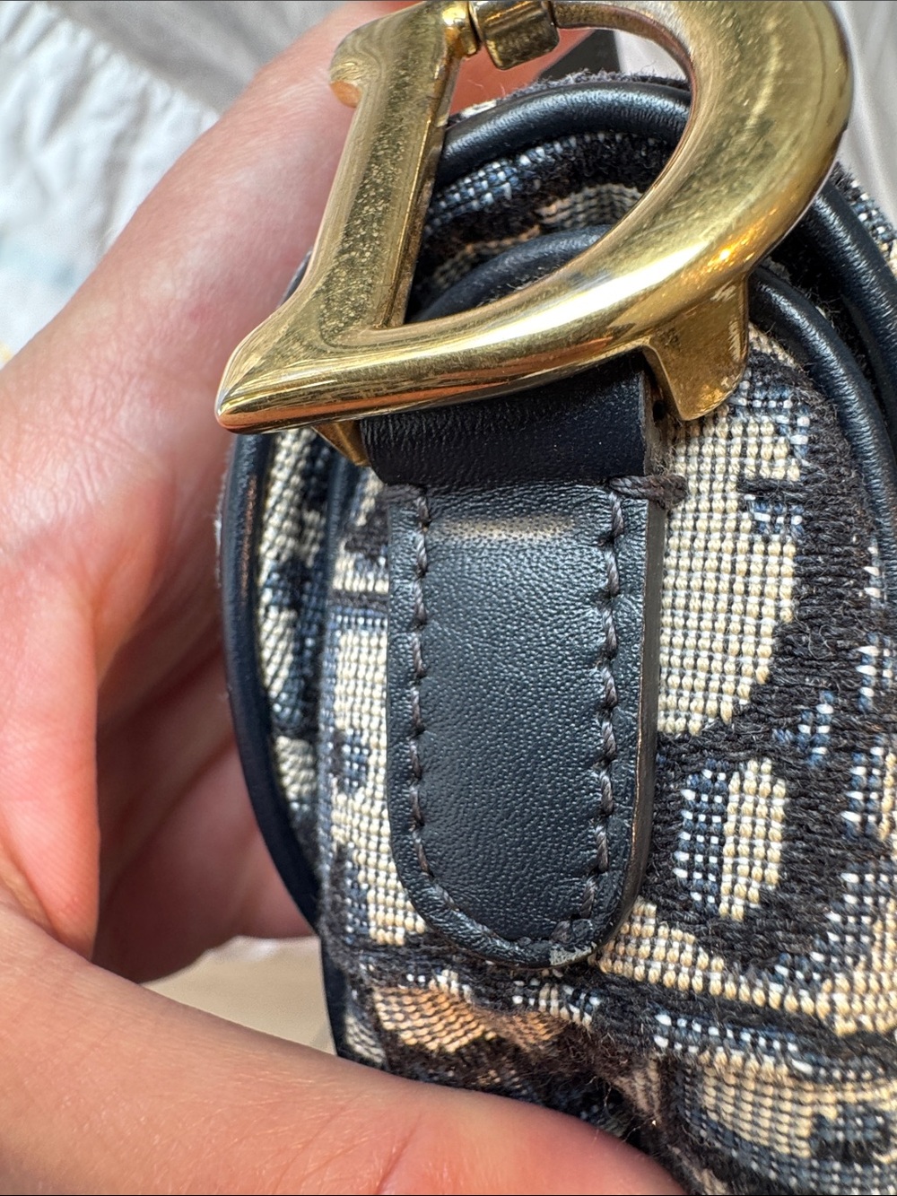 Dior Oblique Navy and Beige Saddle Shoulder Bag with Gold Hardware - Picture 9 of 13